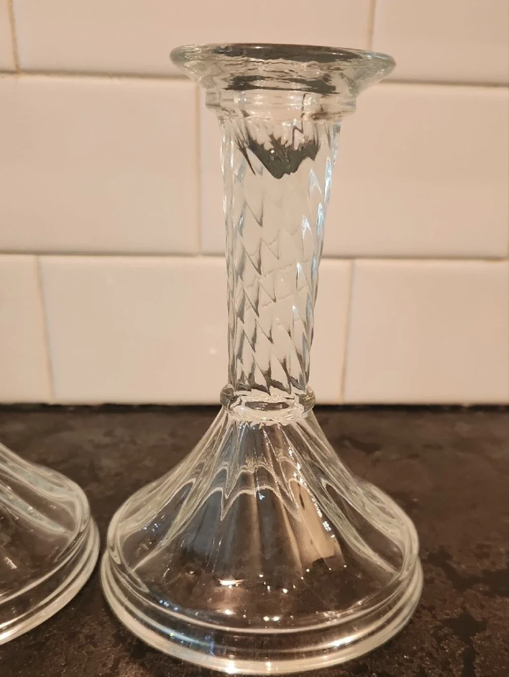 Vintage Indiana Glass Caledonia Candlestick Holders, Clear Swirl Taper Pair